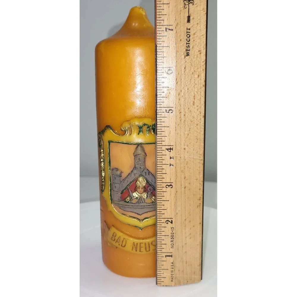 Vintage Bad Neustadt Germany Beeswax Pillar Candle Crest Souvenir 7in